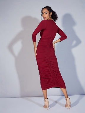 Women Maroon Ruched Bodycon Midi Dress