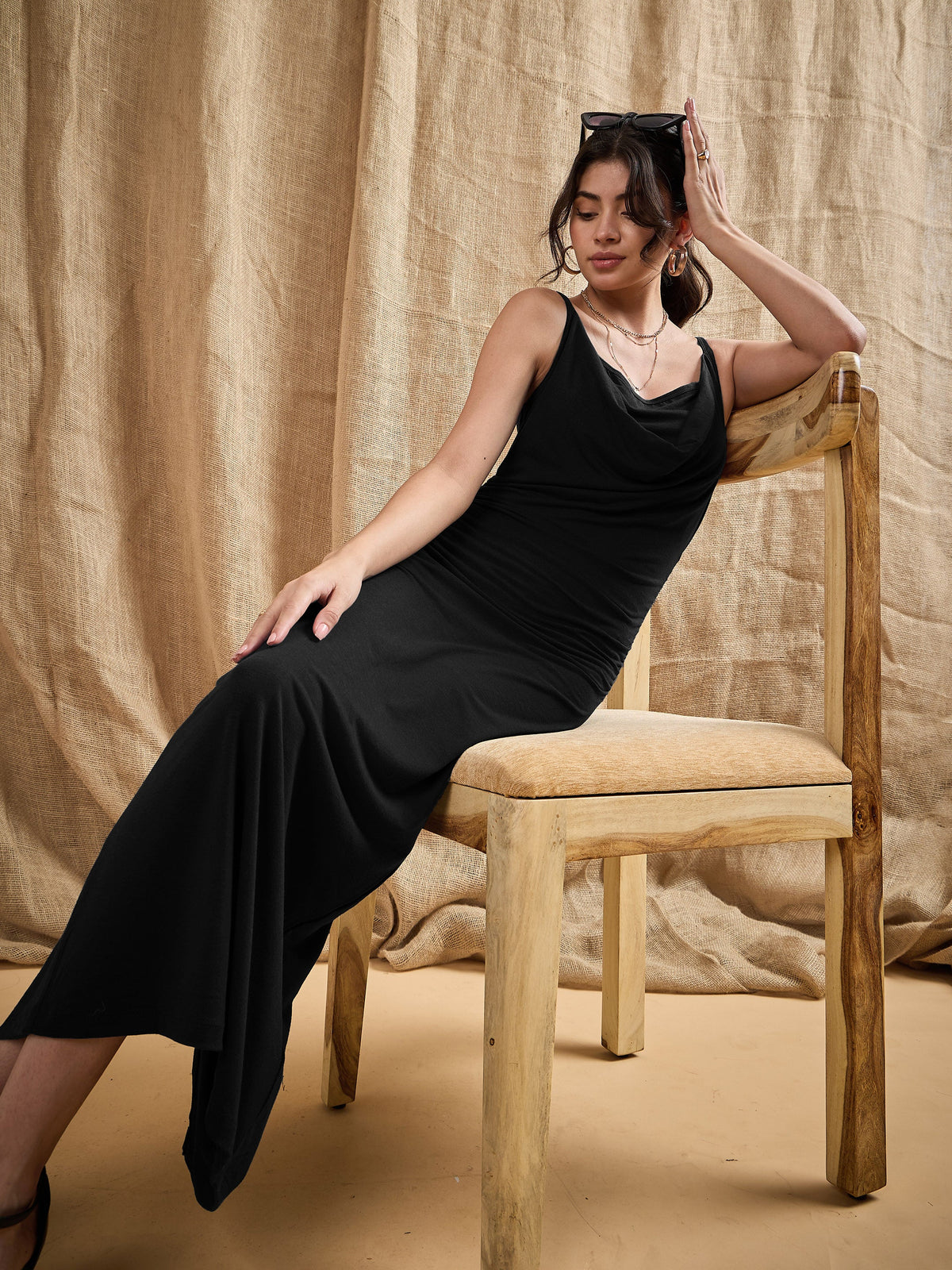 Black Cowl Neck Bodycon Maxi Dress-SASSAFRAS