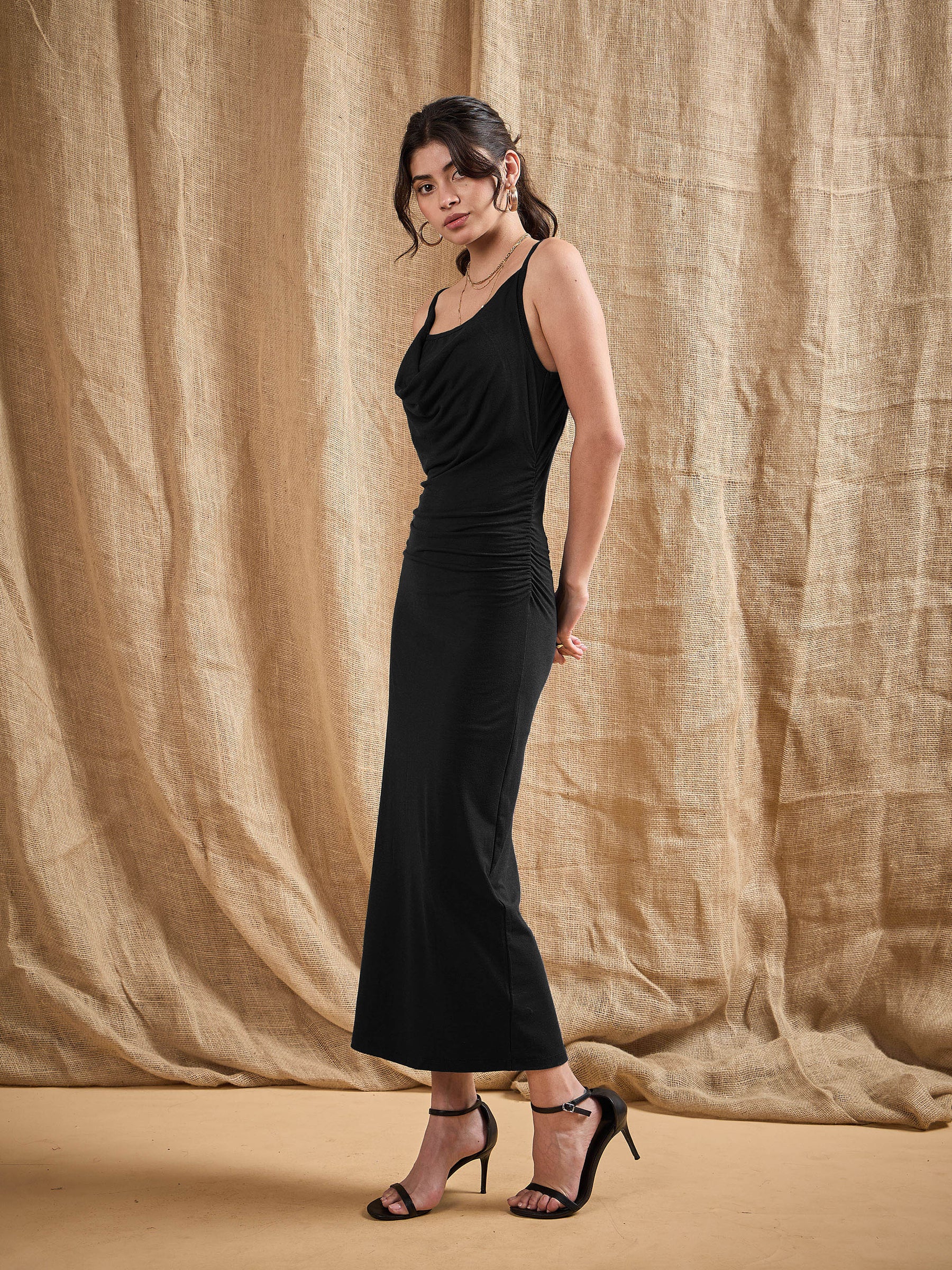 Black Cowl Neck Bodycon Maxi Dress-SASSAFRAS