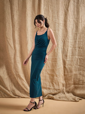 Teal Cowl Neck Bodycon Maxi Dress-SASSAFRAS