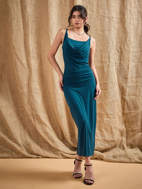 Teal Cowl Neck Bodycon Maxi Dress-SASSAFRAS
