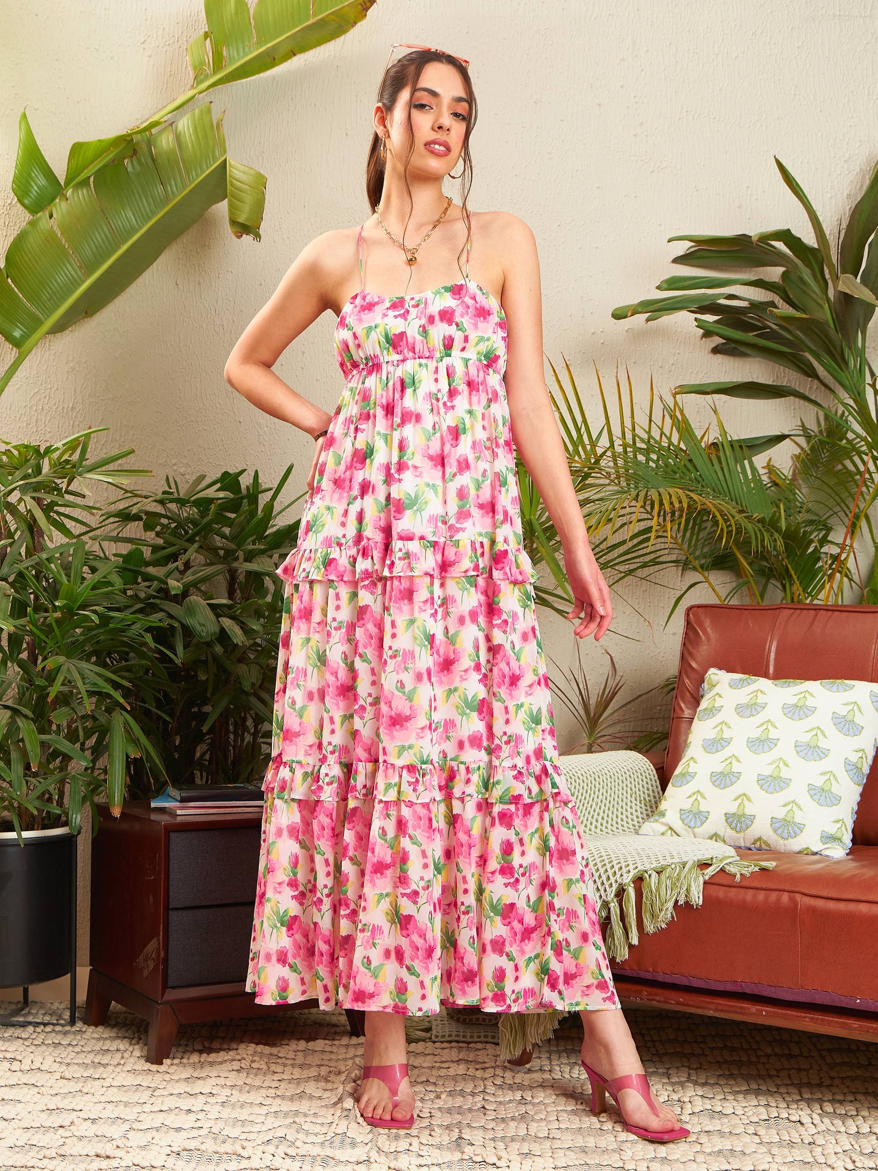 Women Pink Floral Strappy Ruflle Maxi Dress - Main Image