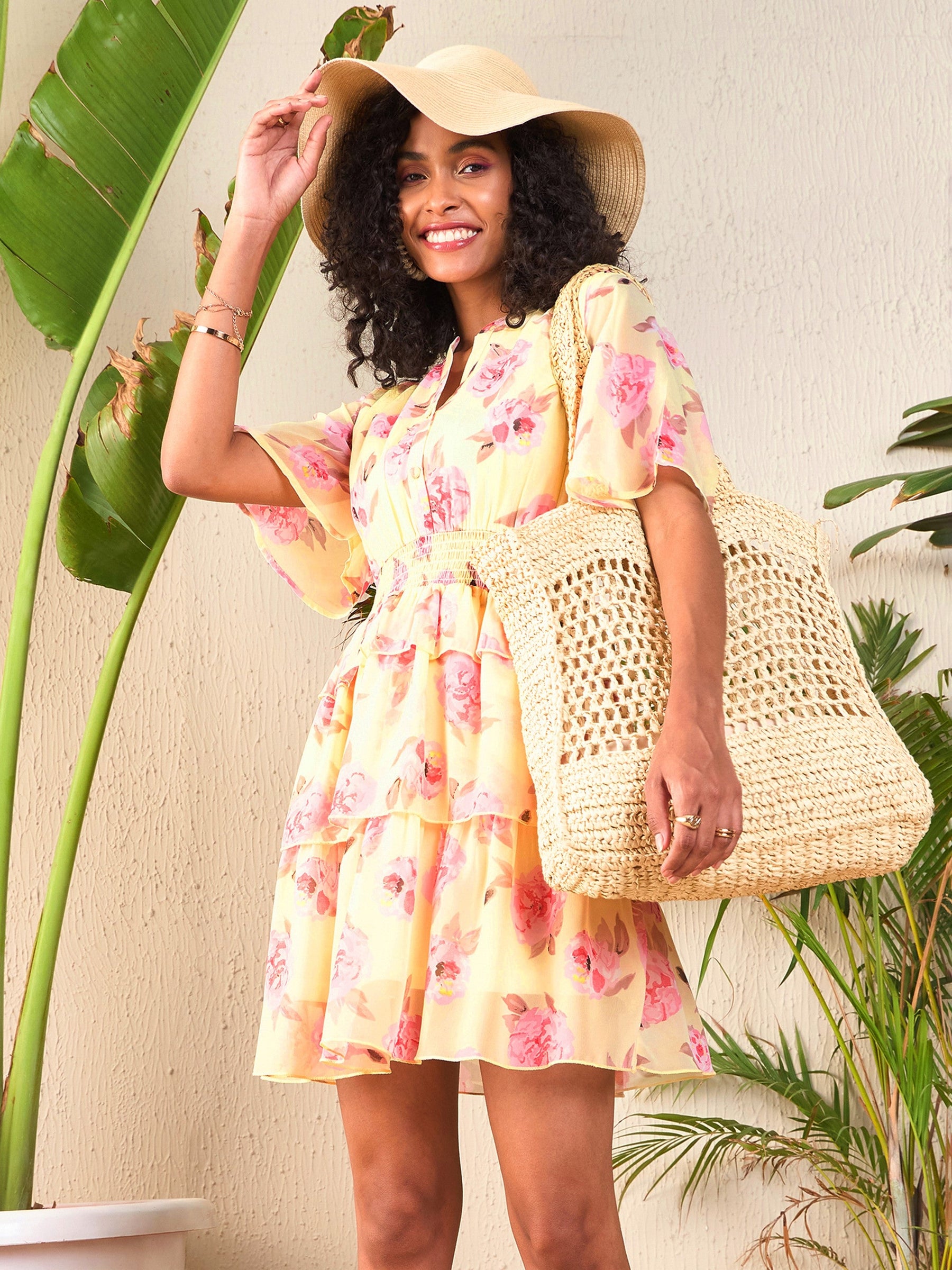 Buy Women Yellow Floral Layered Hem Short Dress Online at Best Price Buy Women Yellow Floral Layered Hem Short Dress Online at Best Price