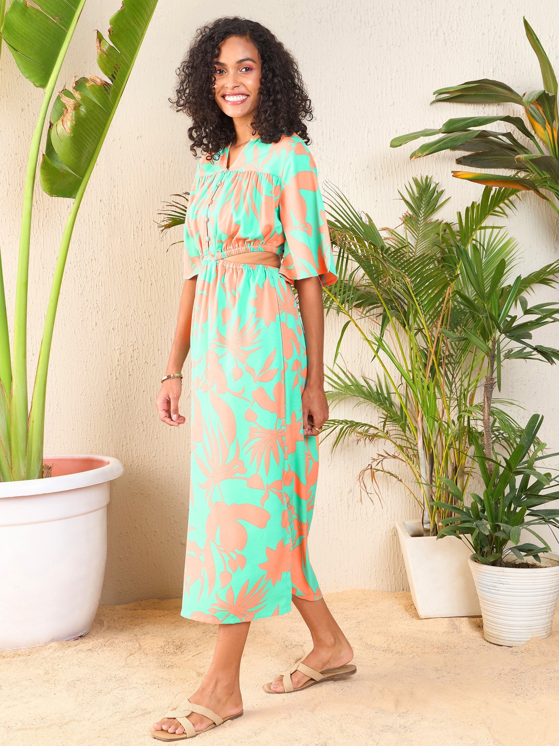 Peach Floral Side Cut-Out Midi Dress-SASSAFRAS