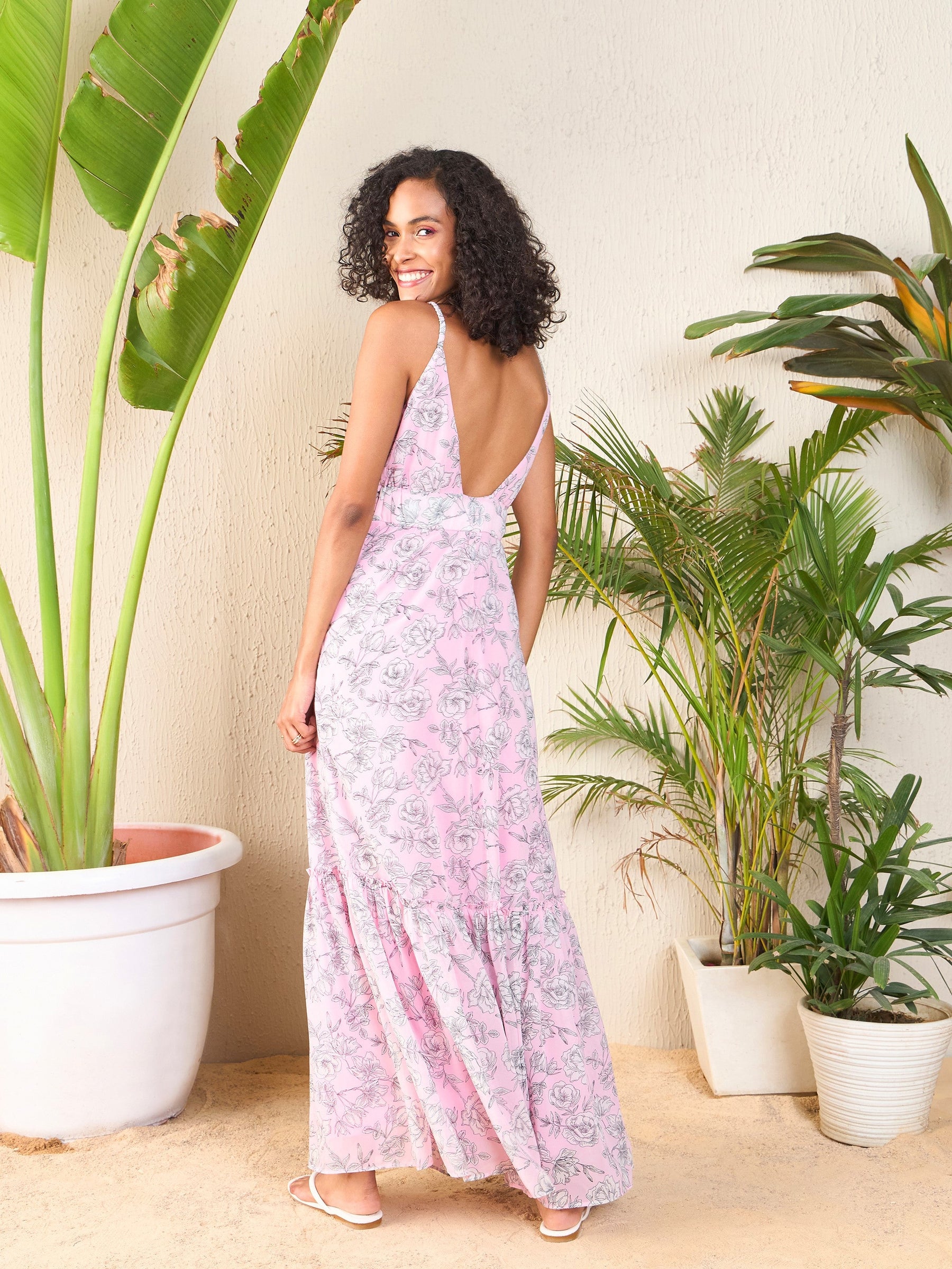 Buy Pink Floral Strappy Wrap Neck Maxi Dress Online At Best Price