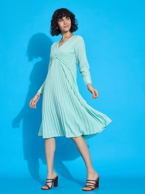 Sea Green Twisted Pleated Skater Dress-SASSAFRAS worklyf