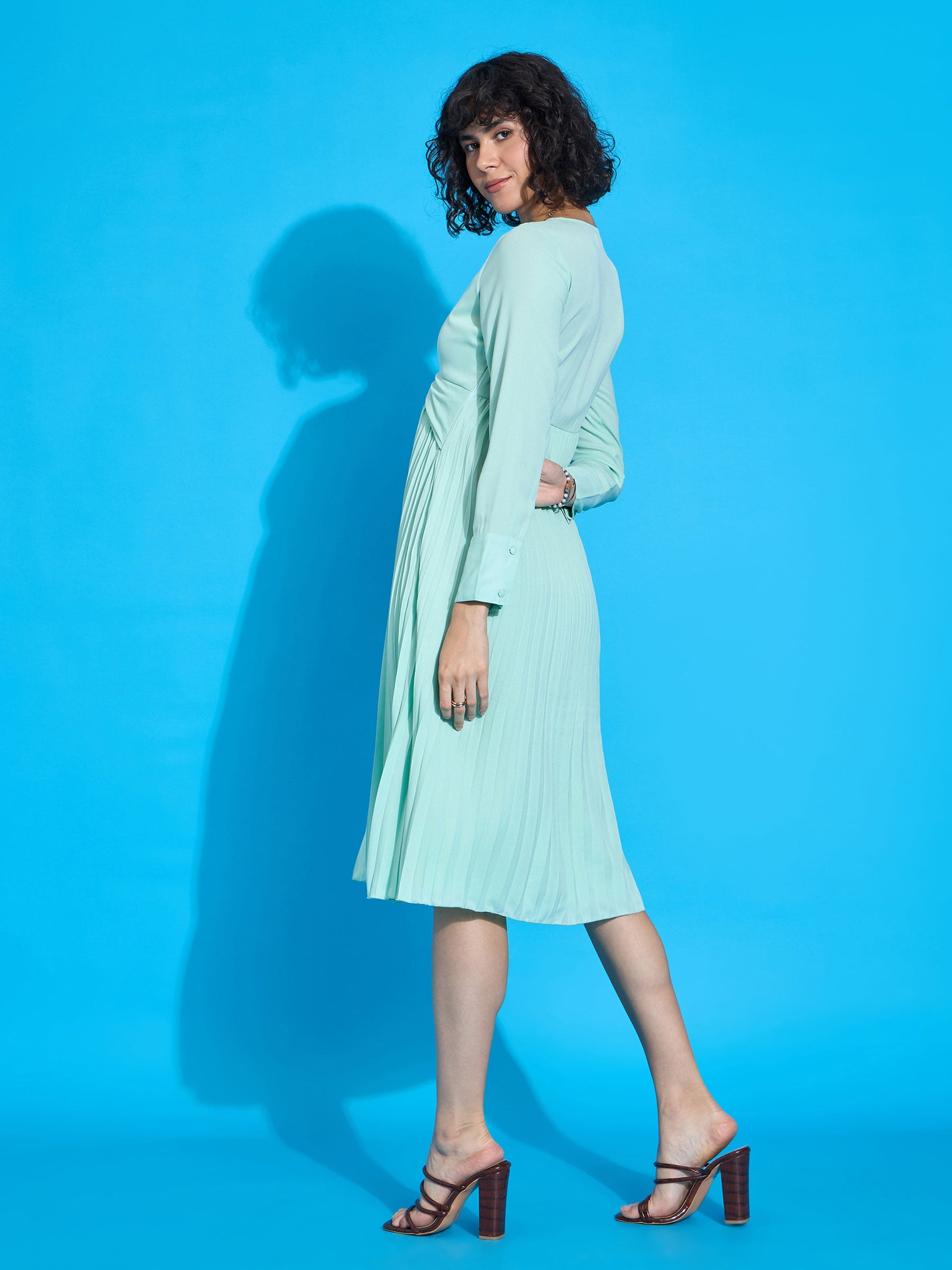 Sea Green Twisted Pleated Skater Dress-SASSAFRAS worklyf