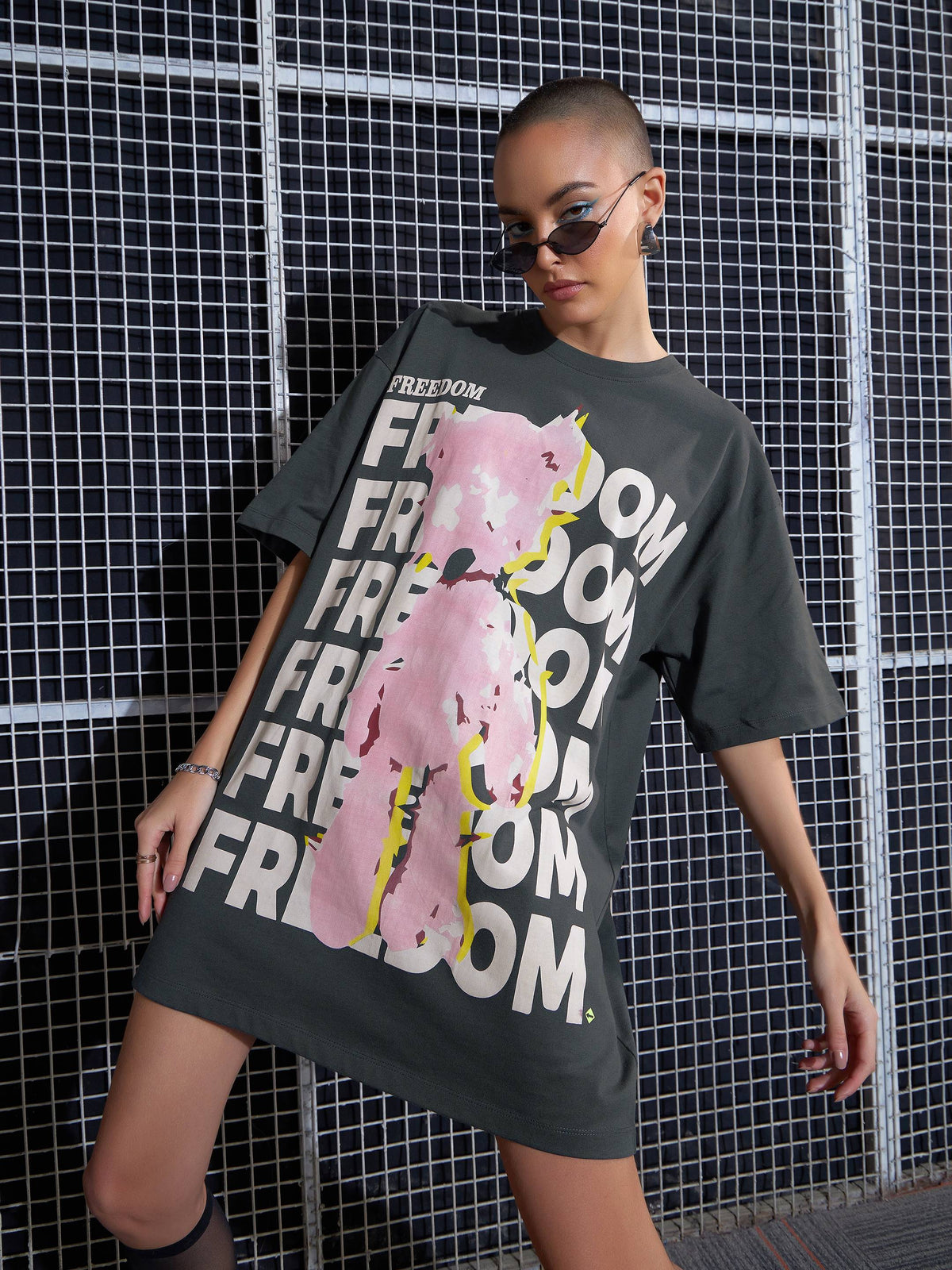 Grey FREEDOM Printed Oversized T-Shirt Dress-SASSAFRAS