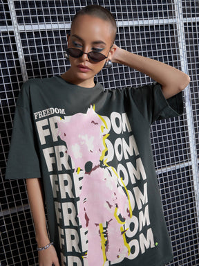 Grey FREEDOM Printed Oversized T-Shirt Dress-SASSAFRAS