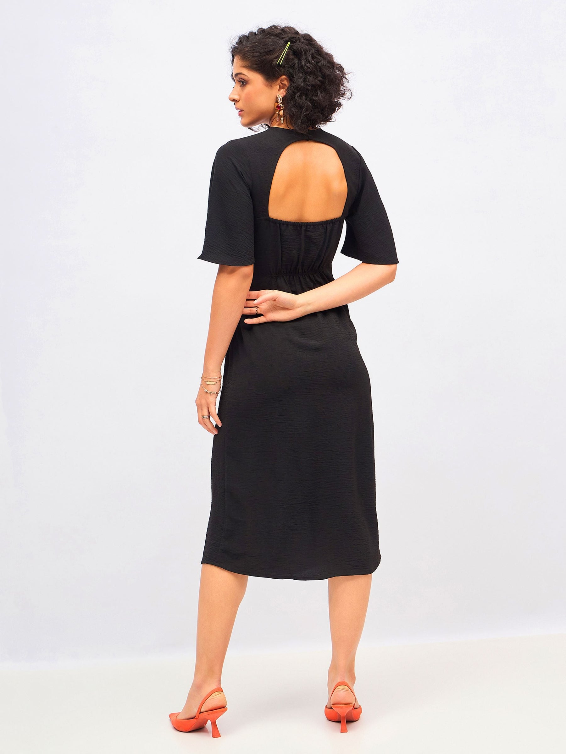 Black Knit Back Cut-Out Midi Dress-SASSAFRAS