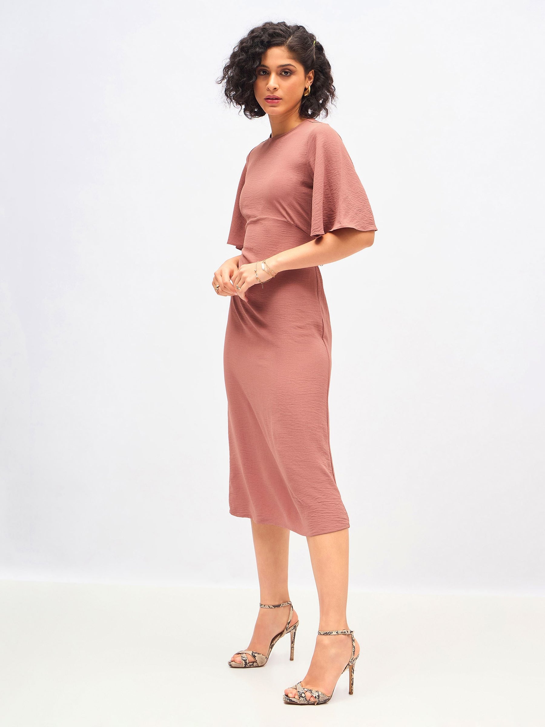 Brown Knit Back Cut-Out Midi Dress-SASSAFRAS