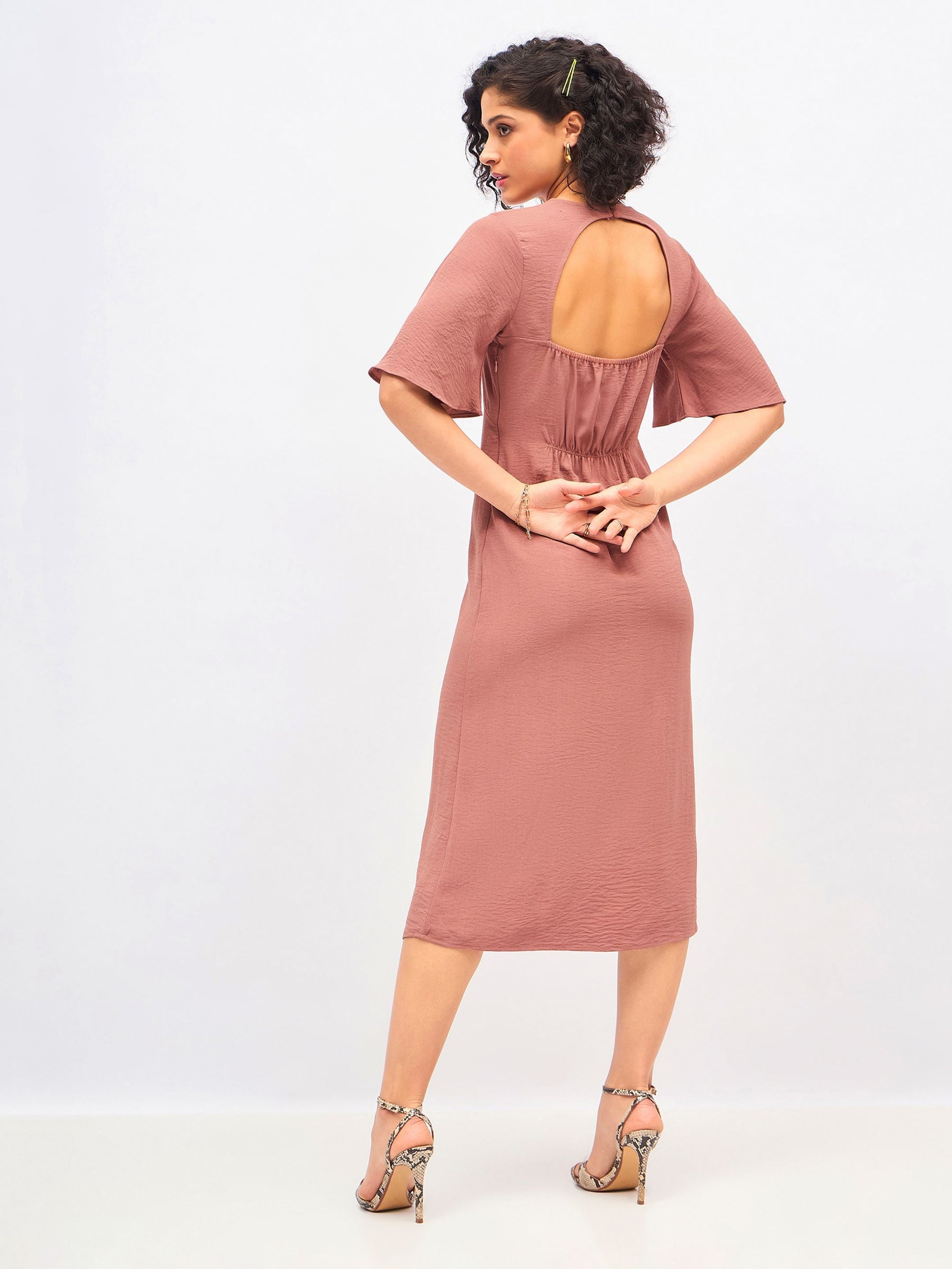 Brown Knit Back Cut-Out Midi Dress-SASSAFRAS