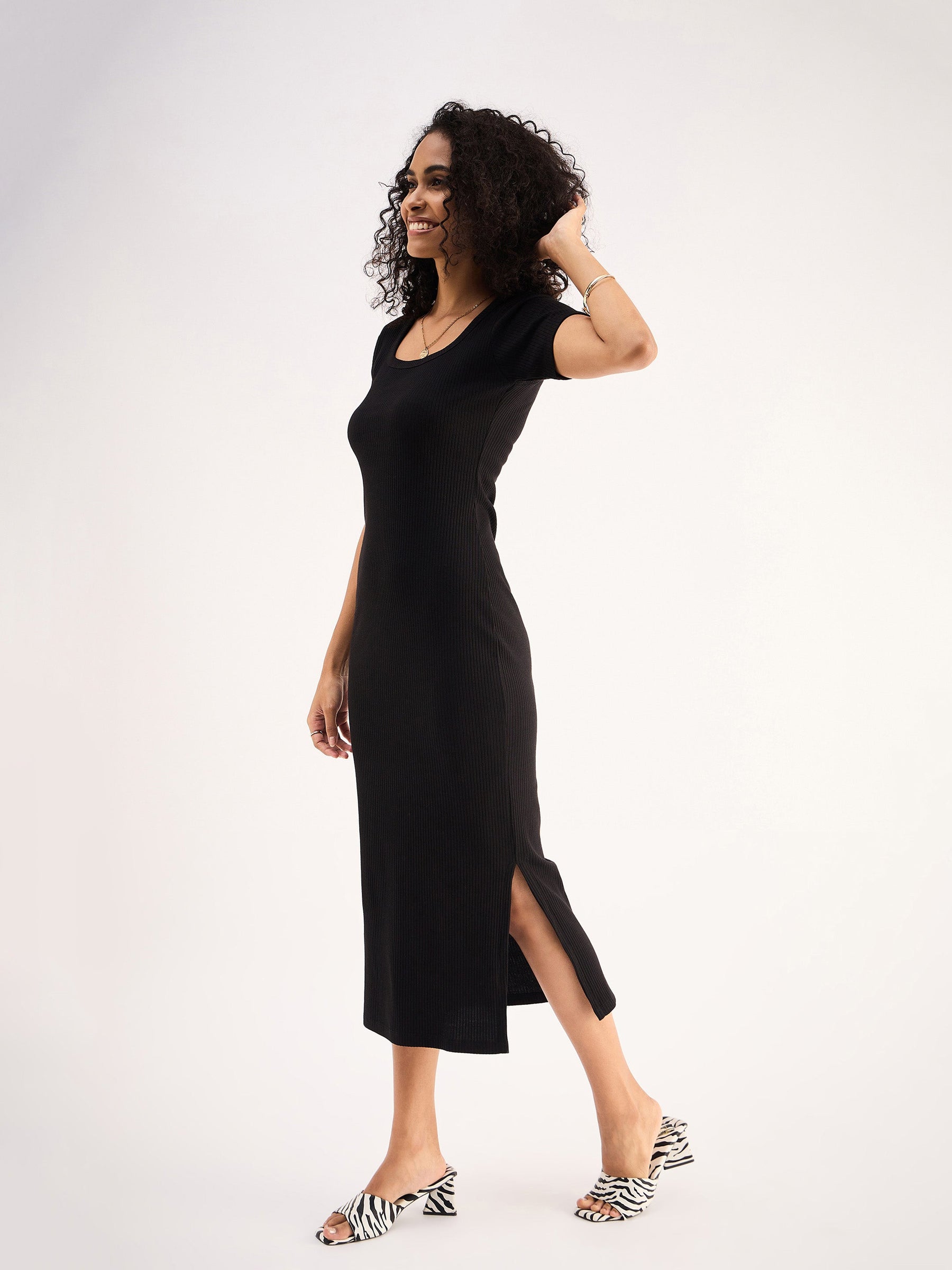 Black Rib Square Neck Slit Midi Dress-SASSAFRAS BASICS