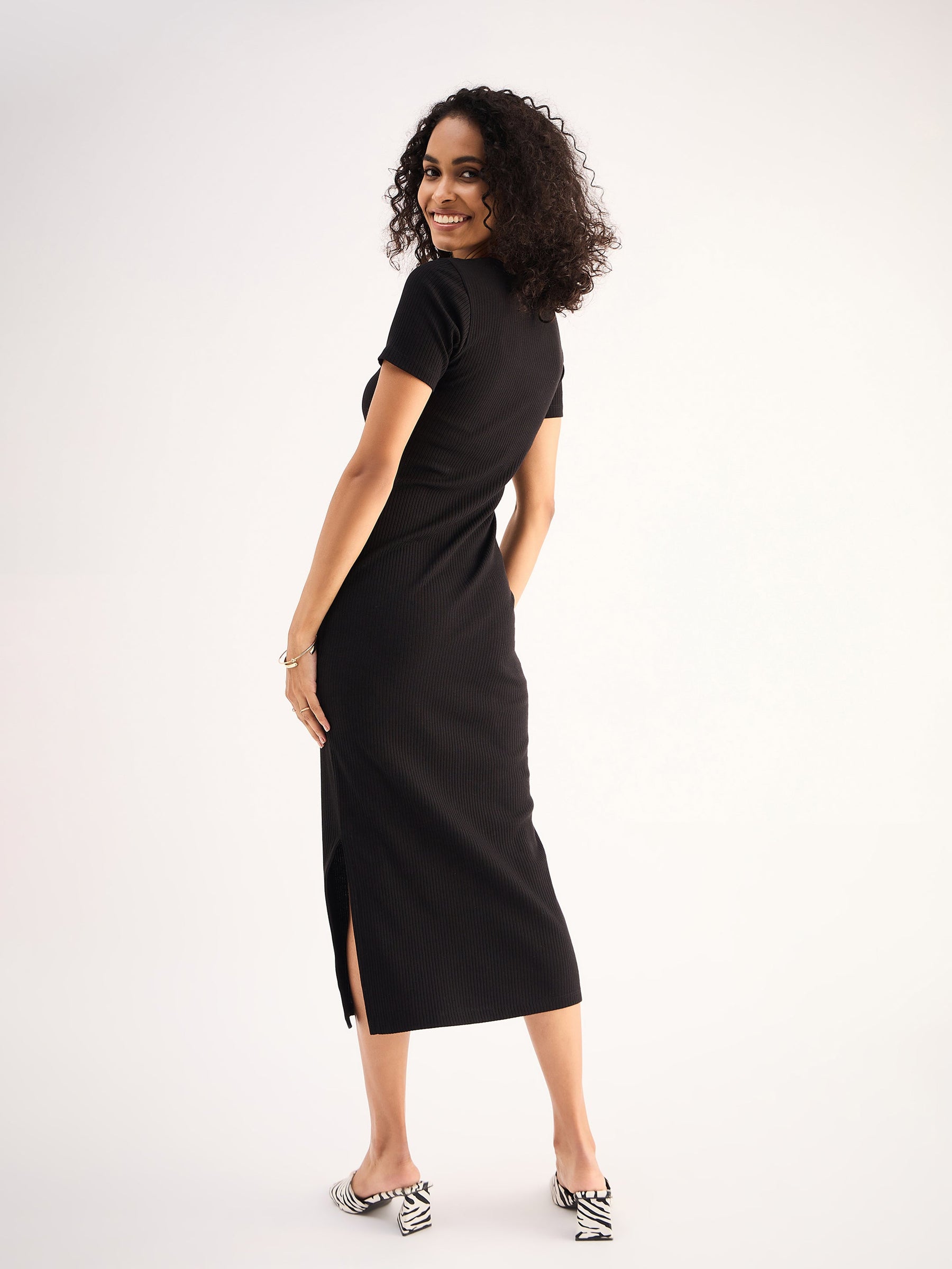 Black Rib Square Neck Slit Midi Dress-SASSAFRAS BASICS