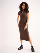 Brown Rib Collar Midi Dress-SASSAFRAS BASICS