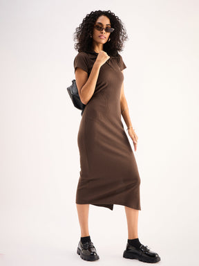 Brown Rib Collar Midi Dress-SASSAFRAS BASICS