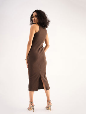 Brown Rib Sleveeless Bodycon Midi Dress-SASSAFRAS BASICS