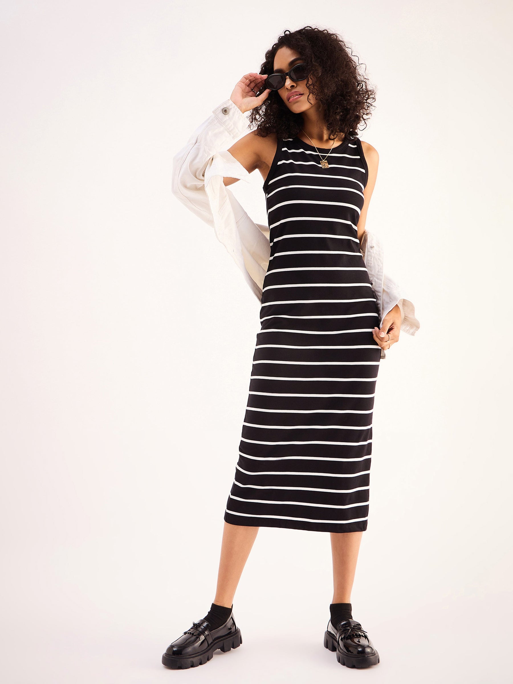 Buy Women Black White Stripe Midi Dress Online at Best Price - Sassafras Buy Women Black White Stripe Midi Dress Online at Best Price - Sassafras