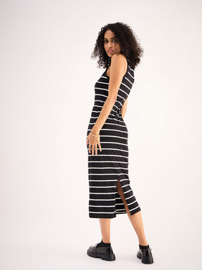 Black White Stripe Midi Dress-SASSAFRAS BASICS