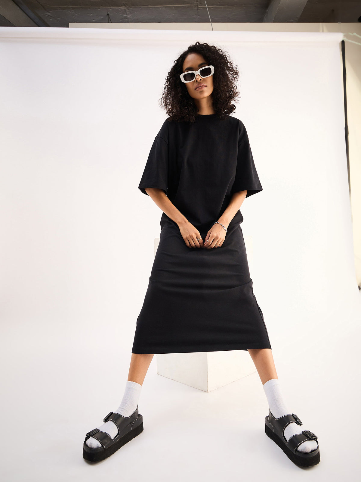 Black Oversized T-Shirt Dress-SASSAFRAS BASICS