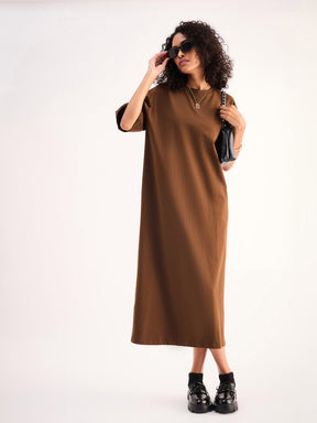 Brown Oversized T-Shirt Dress-SASSAFRAS BASICS