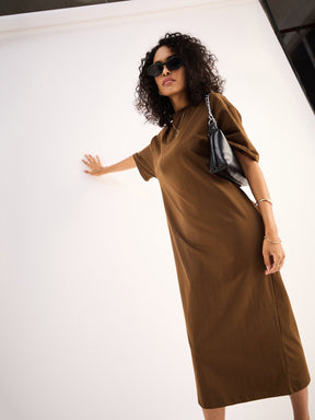 Brown Oversized T-Shirt Dress-SASSAFRAS BASICS