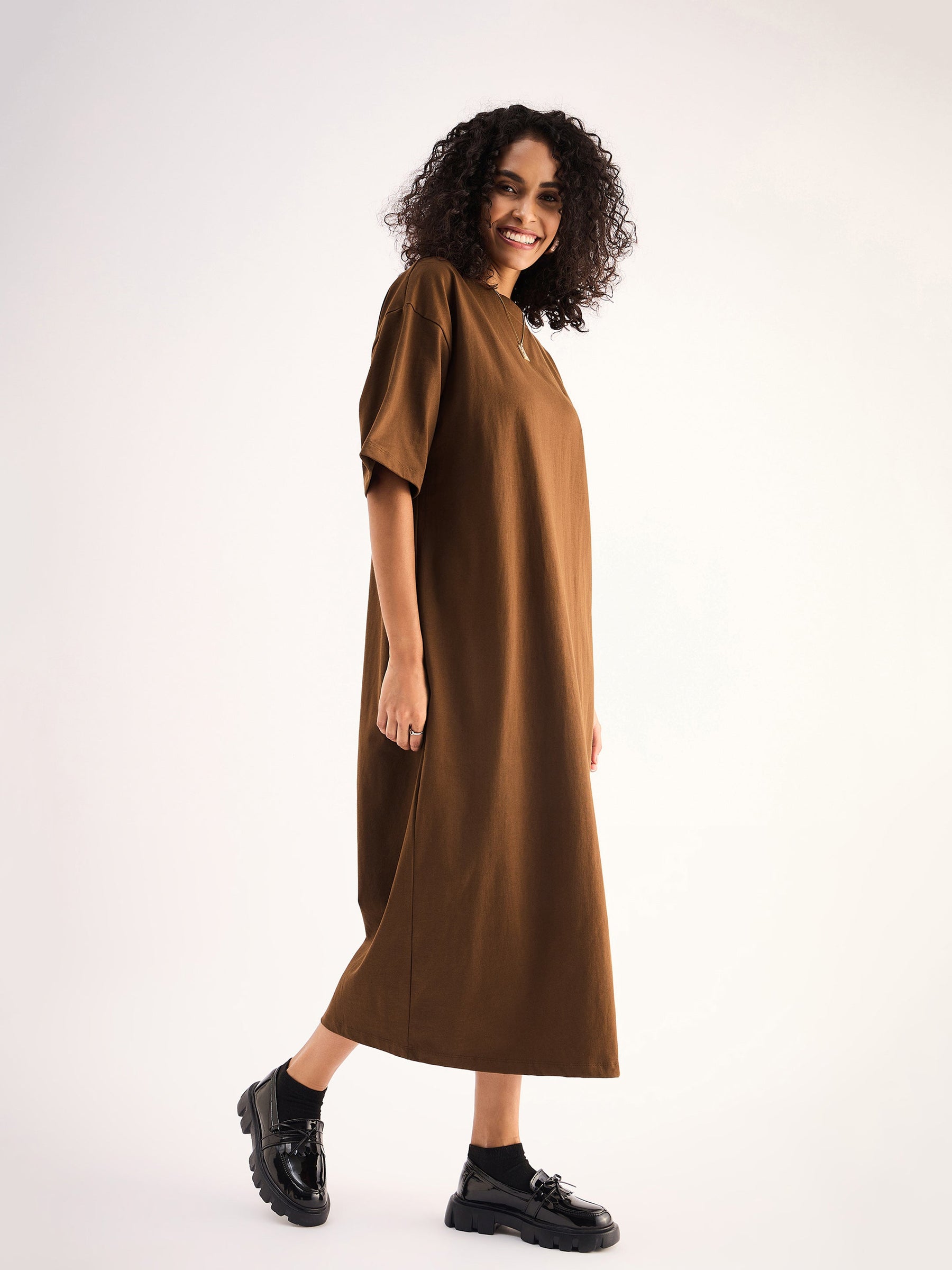 Brown Oversized T-Shirt Dress-SASSAFRAS BASICS