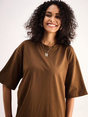 Brown Oversized T-Shirt Dress-SASSAFRAS BASICS