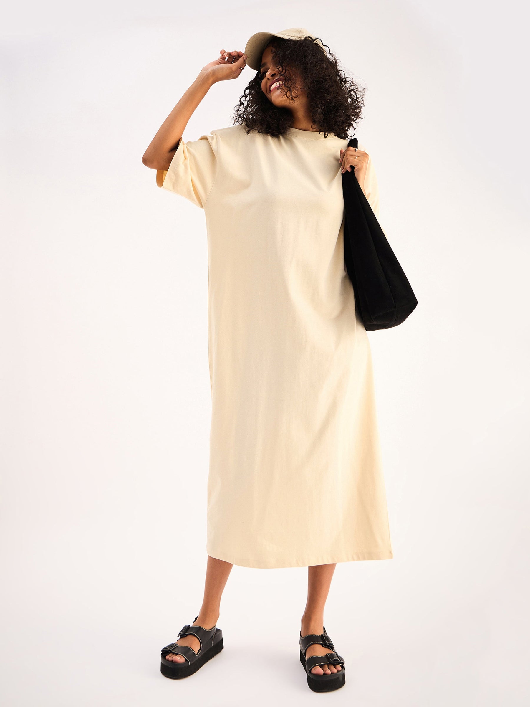 Beige Oversized T-Shirt Dress-SASSAFRAS BASICS