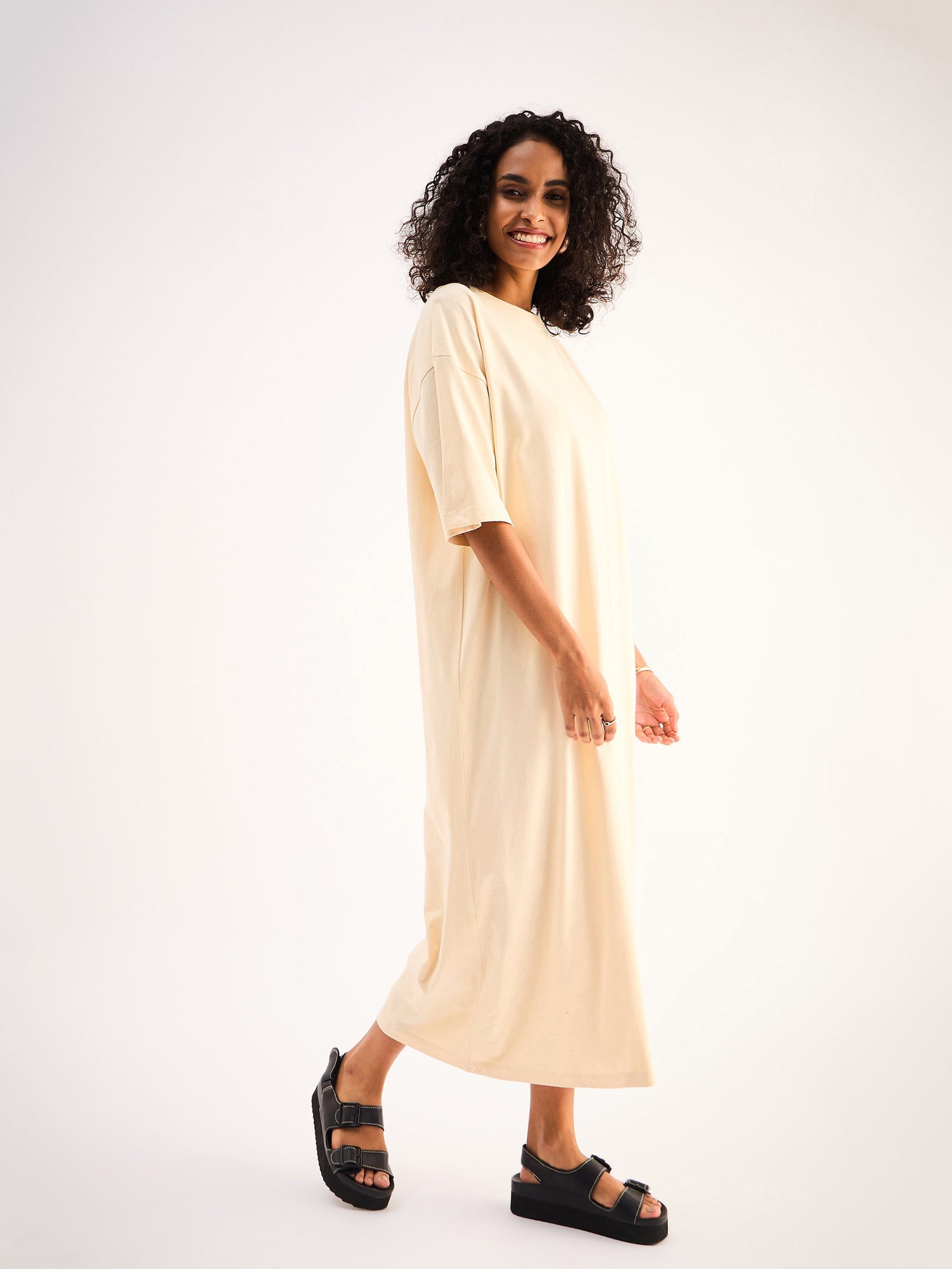 Beige Oversized T-Shirt Dress-SASSAFRAS BASICS