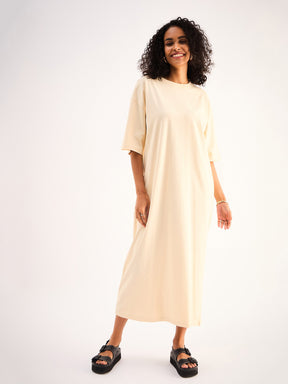 Beige Oversized T-Shirt Dress-SASSAFRAS BASICS