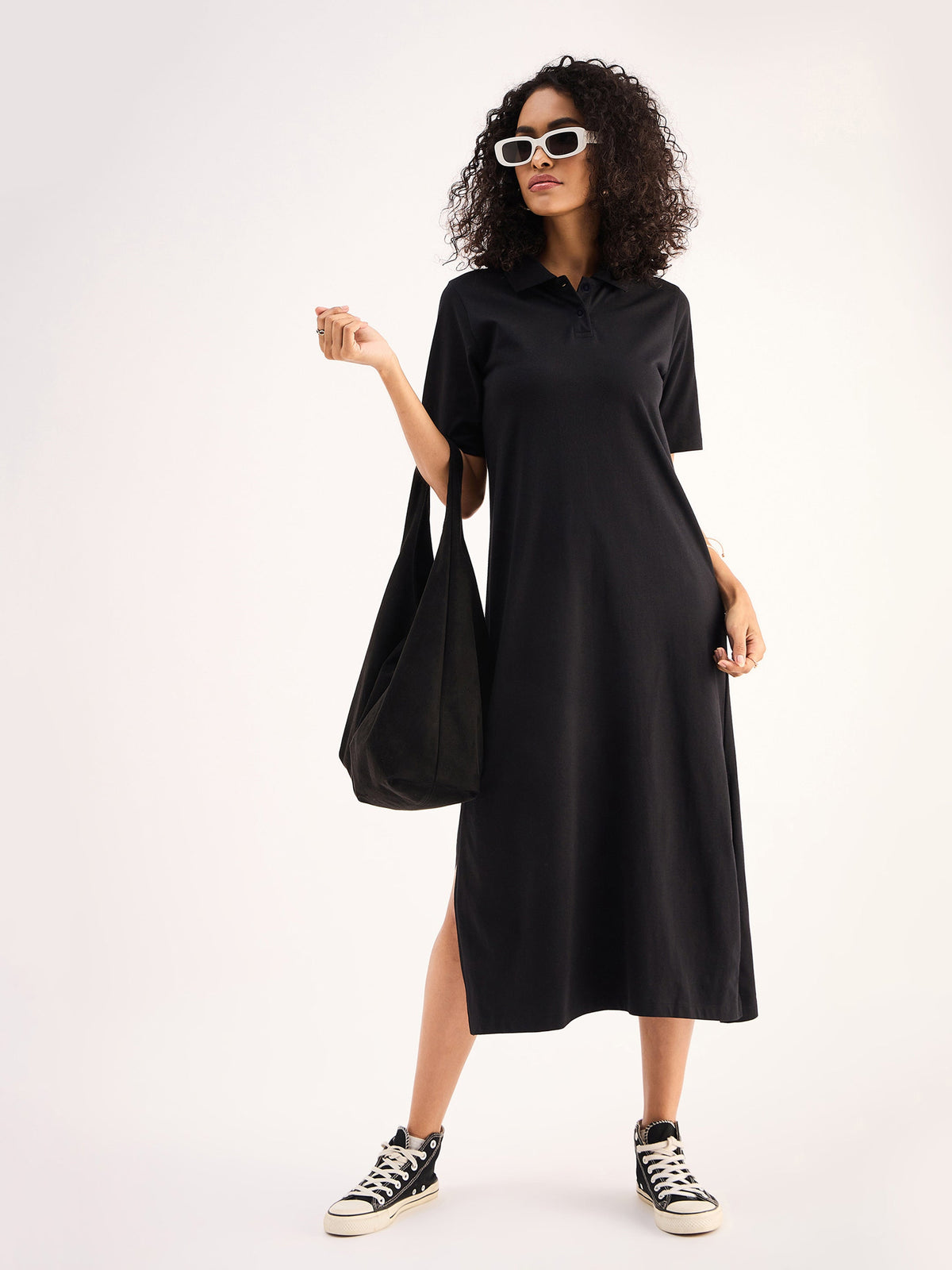 Black Oversized Collar T-Shirt Dress-SASSAFRAS BASICS