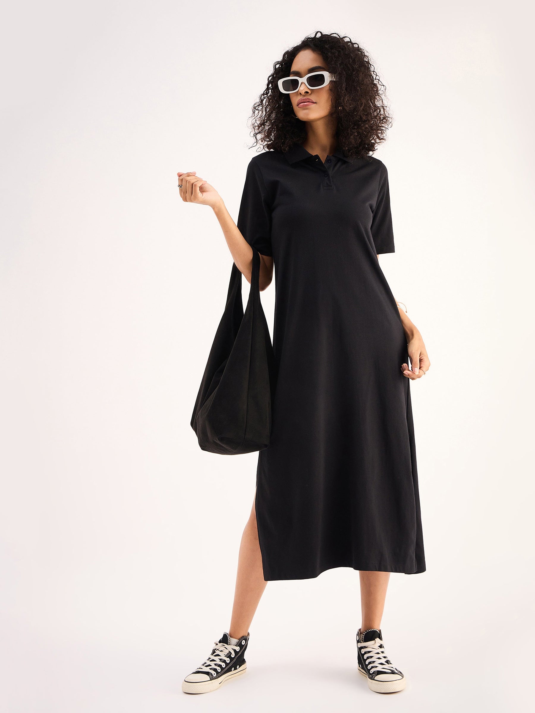 Buy Women Black Oversized Collar T-Shirt Dress Online at Best Price - Sassafras Buy Women Black Oversized Collar T-Shirt Dress Online at Best Price - Sassafras
