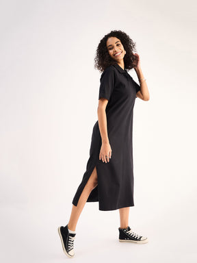 Black Oversized Collar T-Shirt Dress-SASSAFRAS BASICS