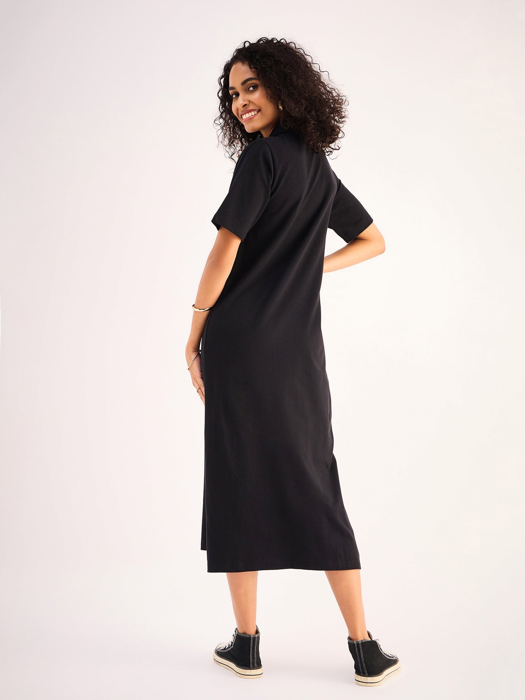 Black Oversized Collar T-Shirt Dress-SASSAFRAS BASICS