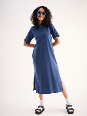 Navy Oversized Collar T-Shirt Dress-SASSAFRAS BASICS