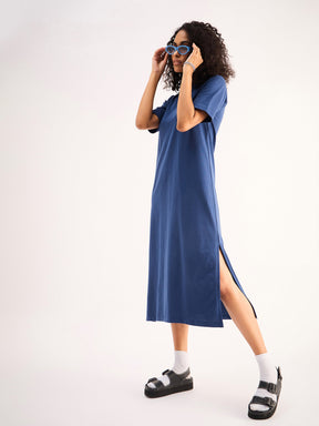 Navy Oversized Collar T-Shirt Dress-SASSAFRAS BASICS