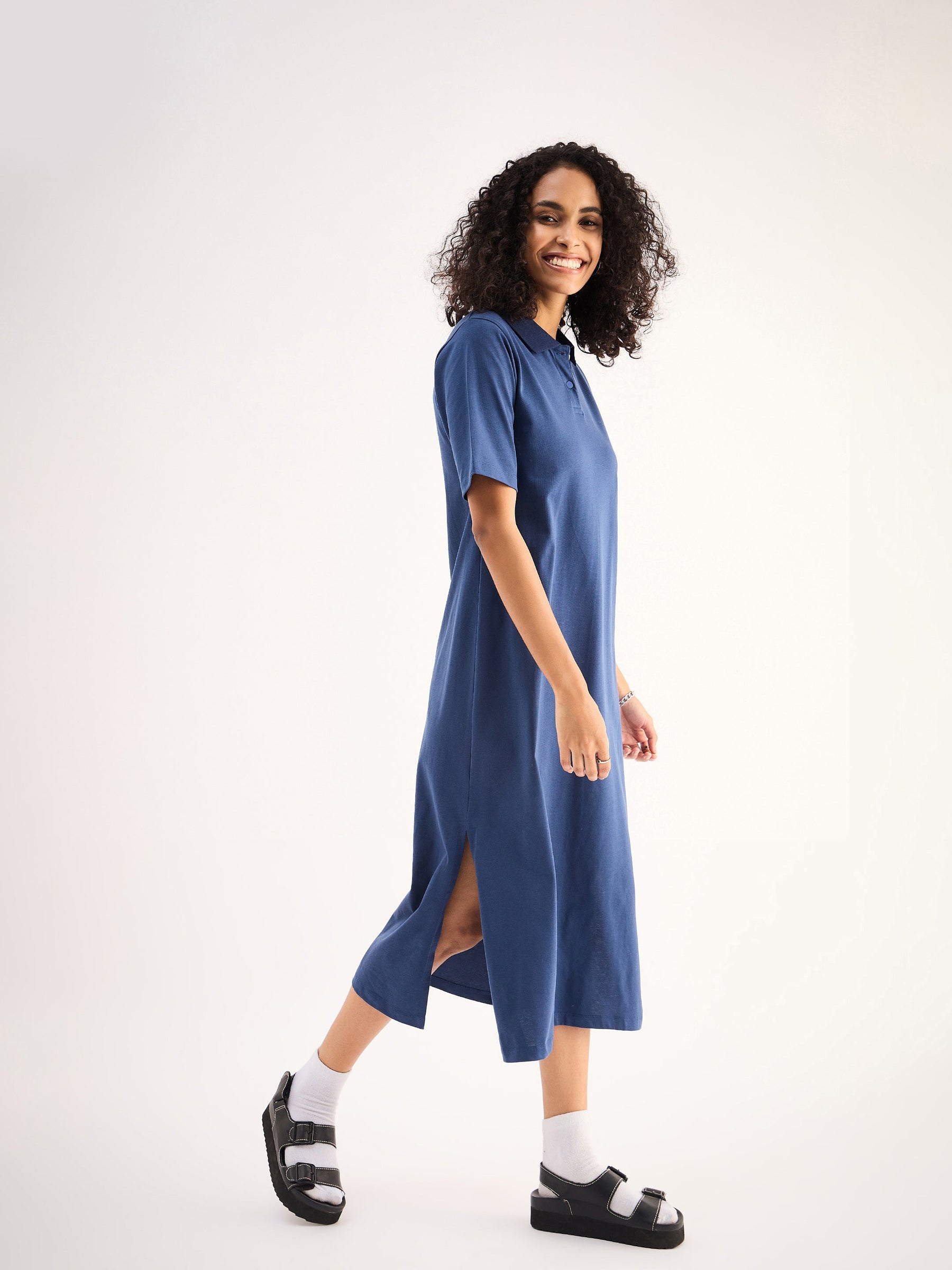 Navy Oversized Collar T-Shirt Dress-SASSAFRAS BASICS