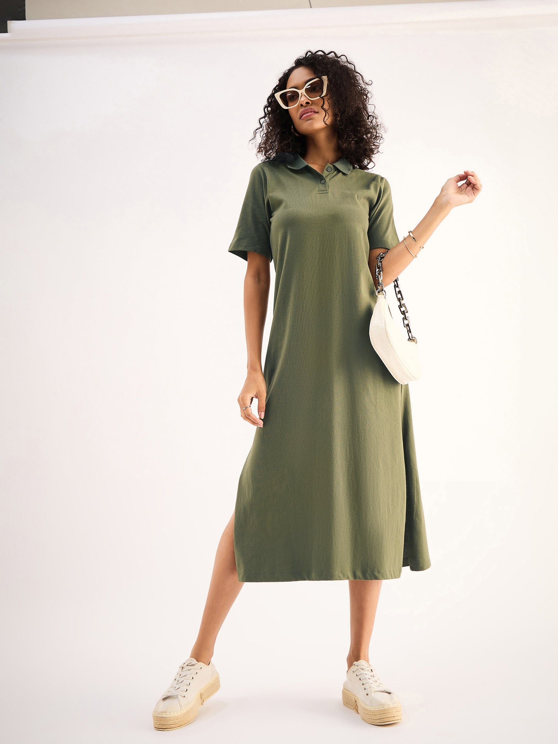 Olive Oversized Collar T-Shirt Dress-SASSAFRAS BASICS
