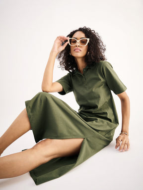 Olive Oversized Collar T-Shirt Dress-SASSAFRAS BASICS