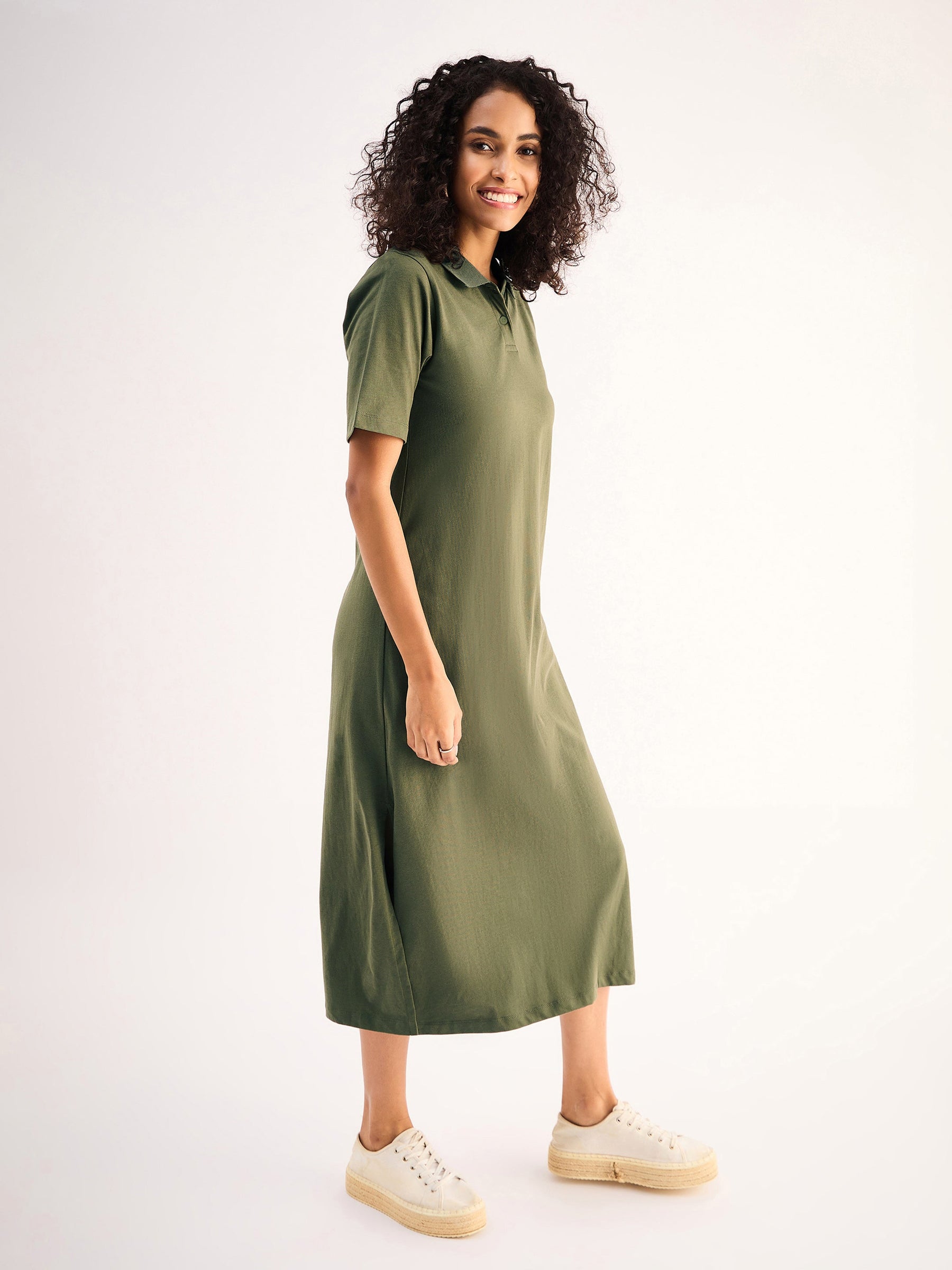 Olive Oversized Collar T-Shirt Dress-SASSAFRAS BASICS