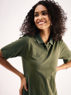 Olive Oversized Collar T-Shirt Dress-SASSAFRAS BASICS