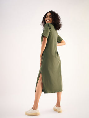 Olive Oversized Collar T-Shirt Dress-SASSAFRAS BASICS