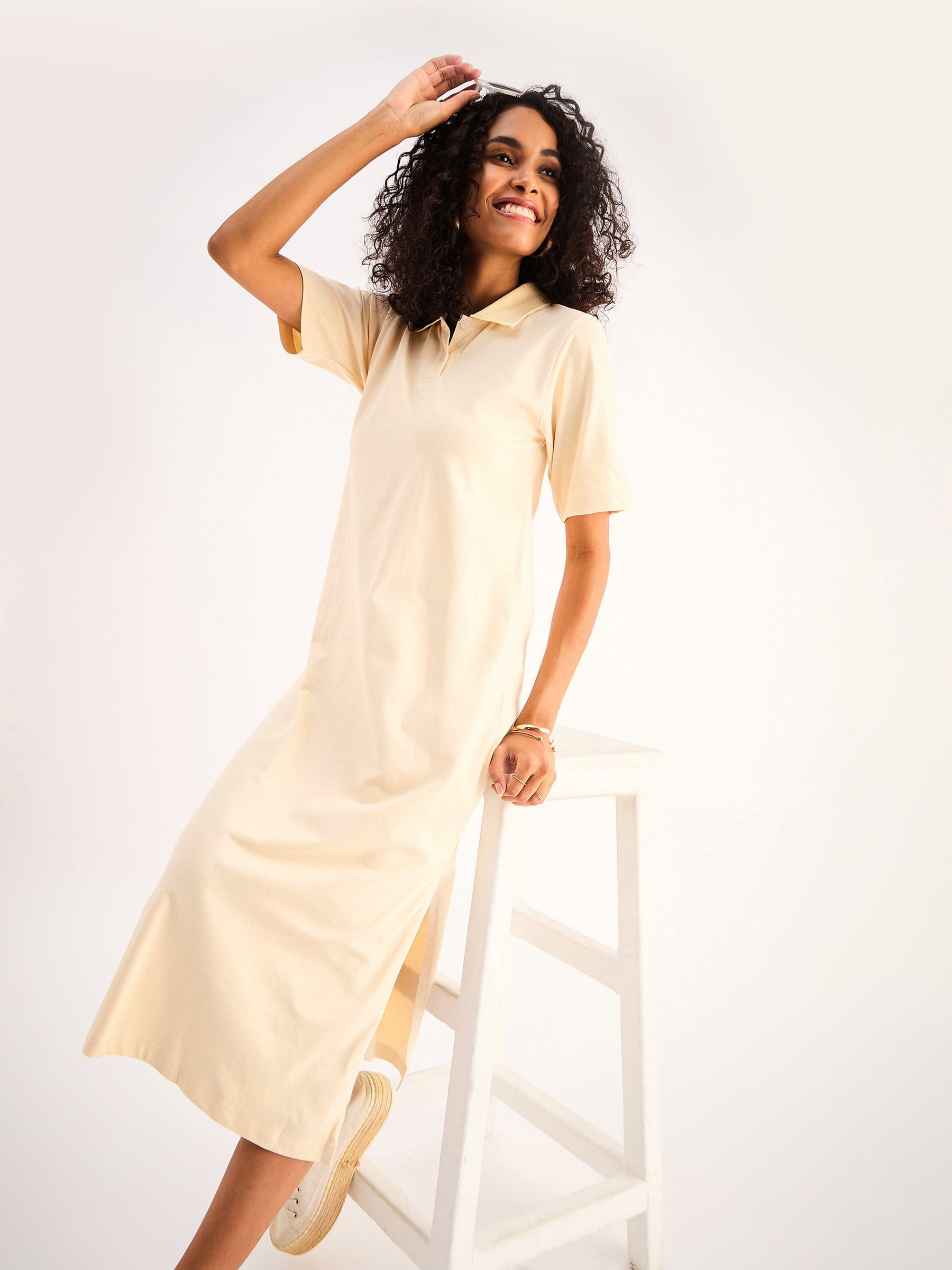 Beige Oversized Collar T-Shirt Dress-SASSAFRAS BASICS