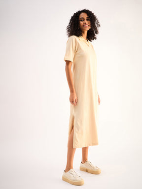 Beige Oversized Collar T-Shirt Dress-SASSAFRAS BASICS