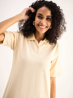 Beige Oversized Collar T-Shirt Dress-SASSAFRAS BASICS