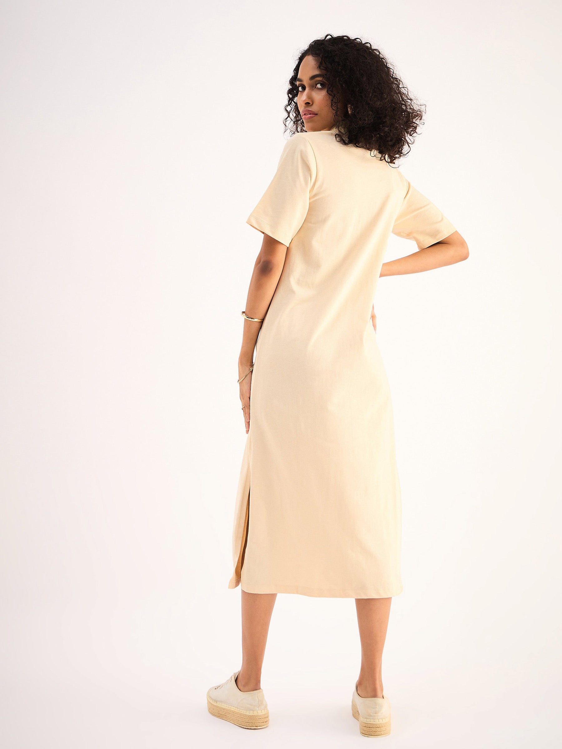 Beige Oversized Collar T-Shirt Dress-SASSAFRAS BASICS