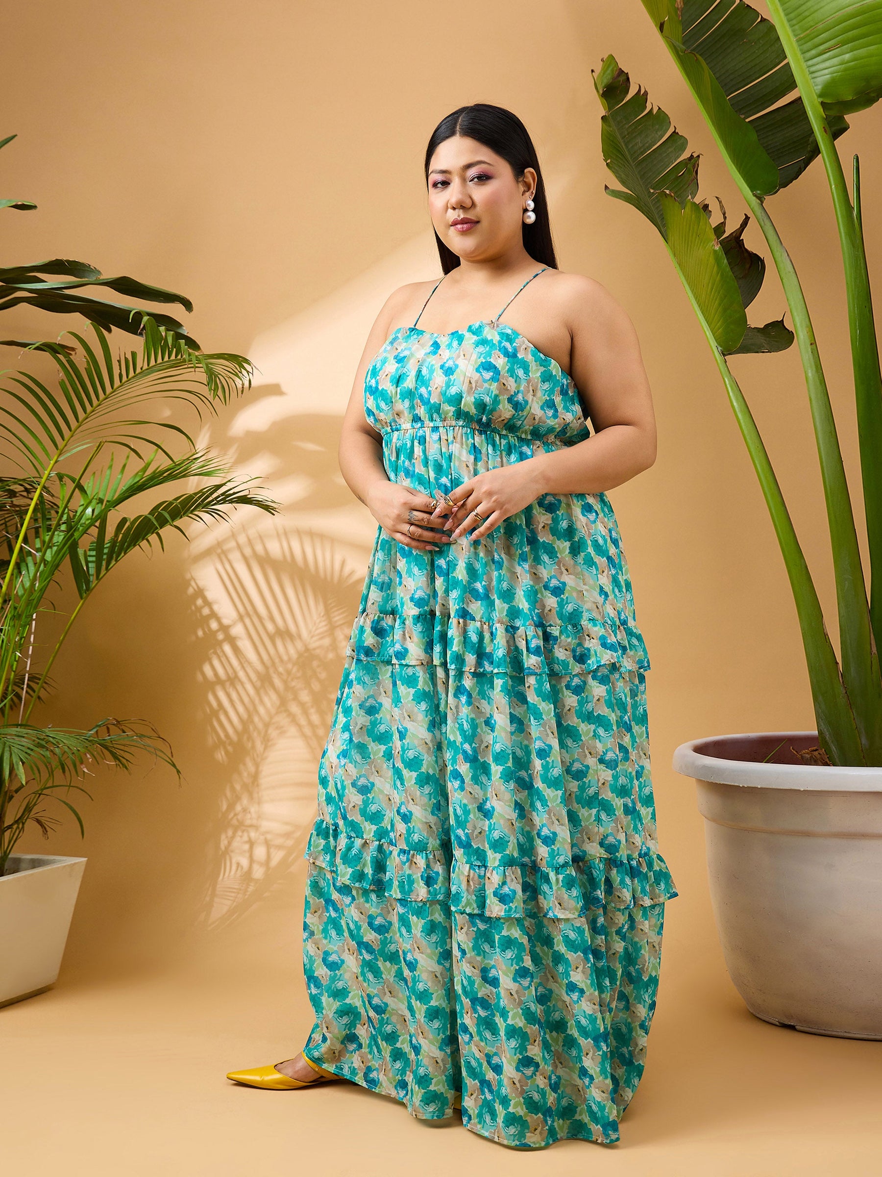 Green Floral Strappy Maxi Dress-SASSAFRAS Curve