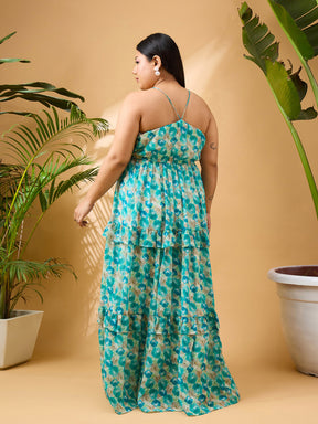 Green Floral Strappy Maxi Dress-SASSAFRAS Curve