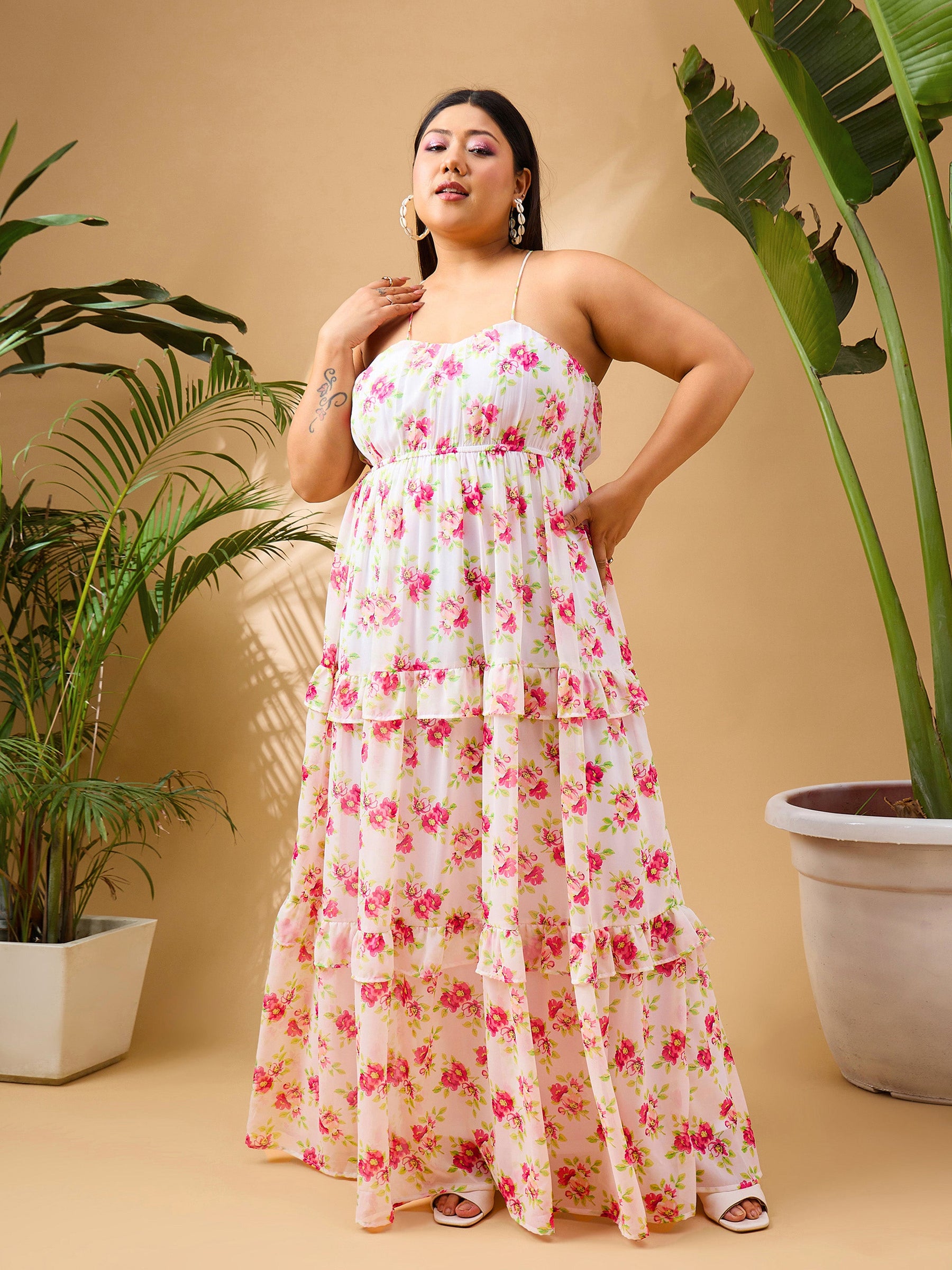 Women White Pink Floral Strappy Maxi Dress